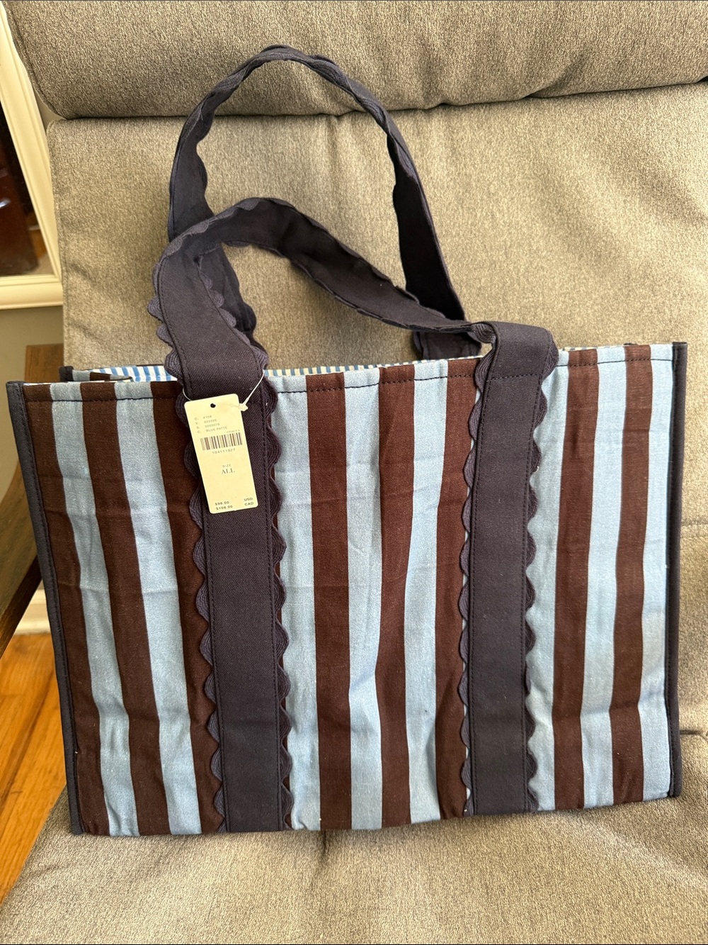 NWT Anthropologie Brown & Blue Striped Canvas Tote